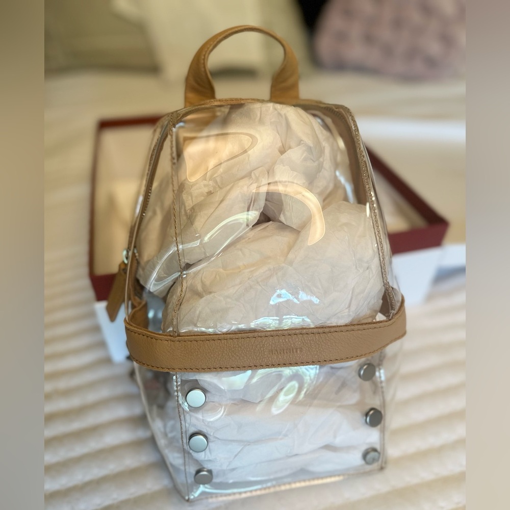HAMMITT NIB Clear Backpack with tan leather trim & silver grommets